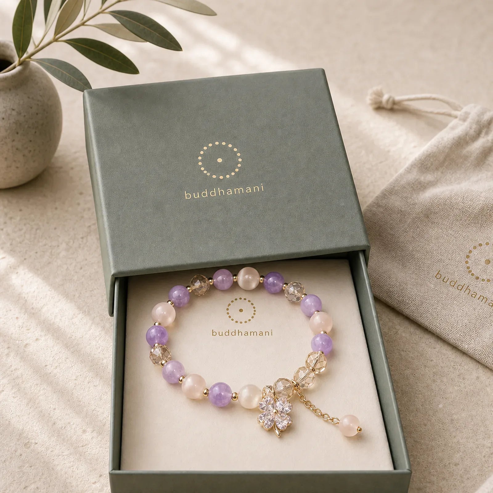 Four Leaf Clover Amethyst Citrine Green Strawberry Quartz Rutilated Quartz Balance Bracelet featuring Amethyst, Citrine, Green Strawberry Quartz