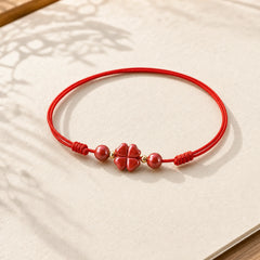 Four Leaf Clover Cinnabar Blessing Calm String Bracelet Anklet featuring Cinnabar, Red String