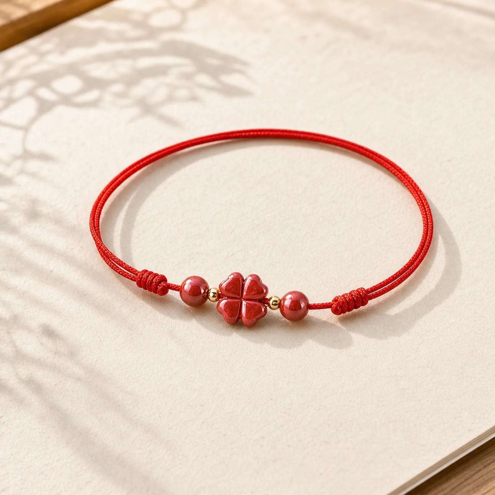 Four Leaf Clover Cinnabar Blessing Calm String Bracelet Anklet featuring Cinnabar, Red String