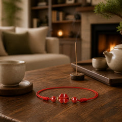 Four Leaf Clover Cinnabar Blessing Calm String Bracelet Anklet featuring Cinnabar, Red String