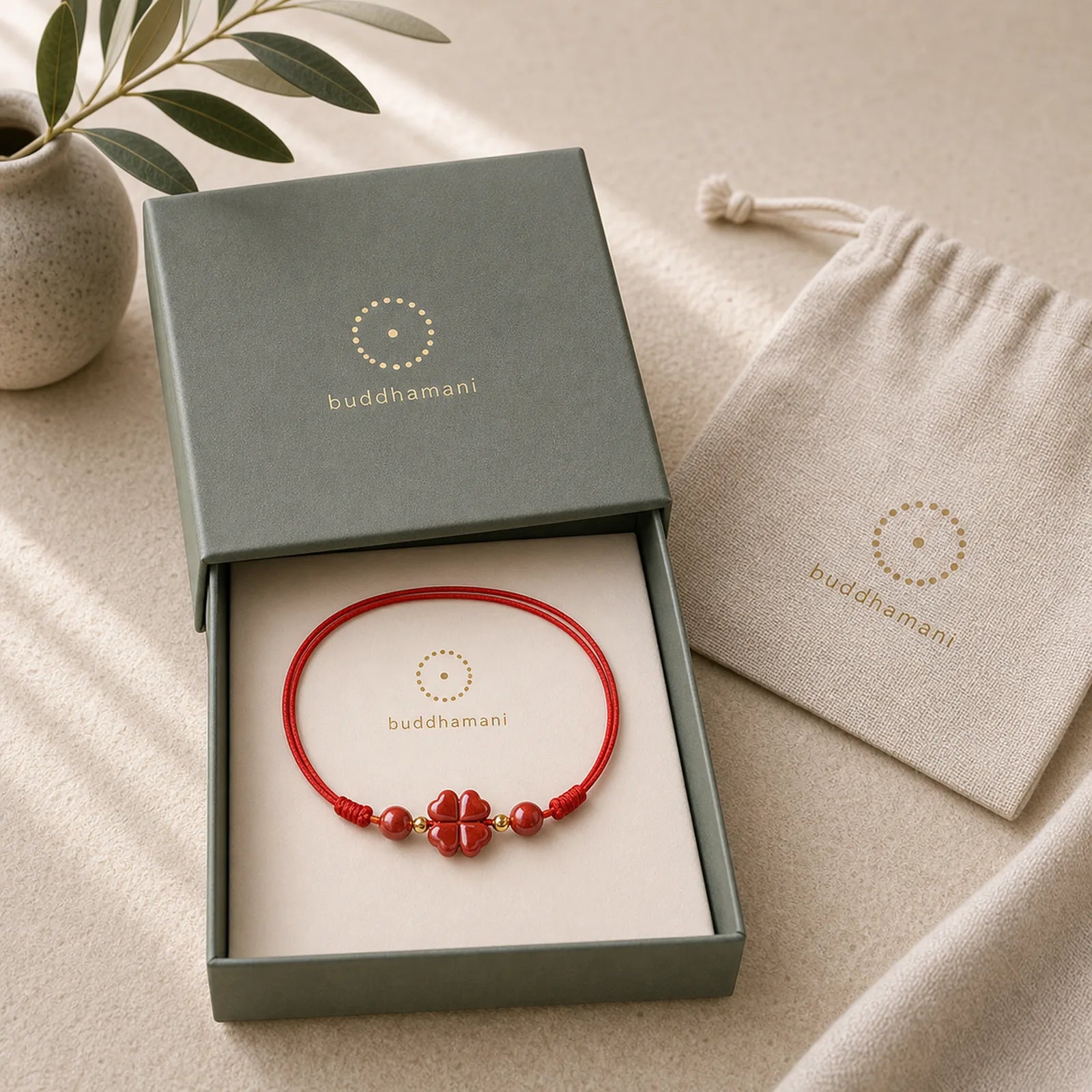 Four Leaf Clover Cinnabar Blessing Calm String Bracelet Anklet featuring Cinnabar, Red String