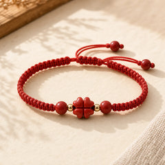 Four Leaf Clover Five-petal Flower Cinnabar Blessing Red String Bracelet featuring Cinnabar, Red String