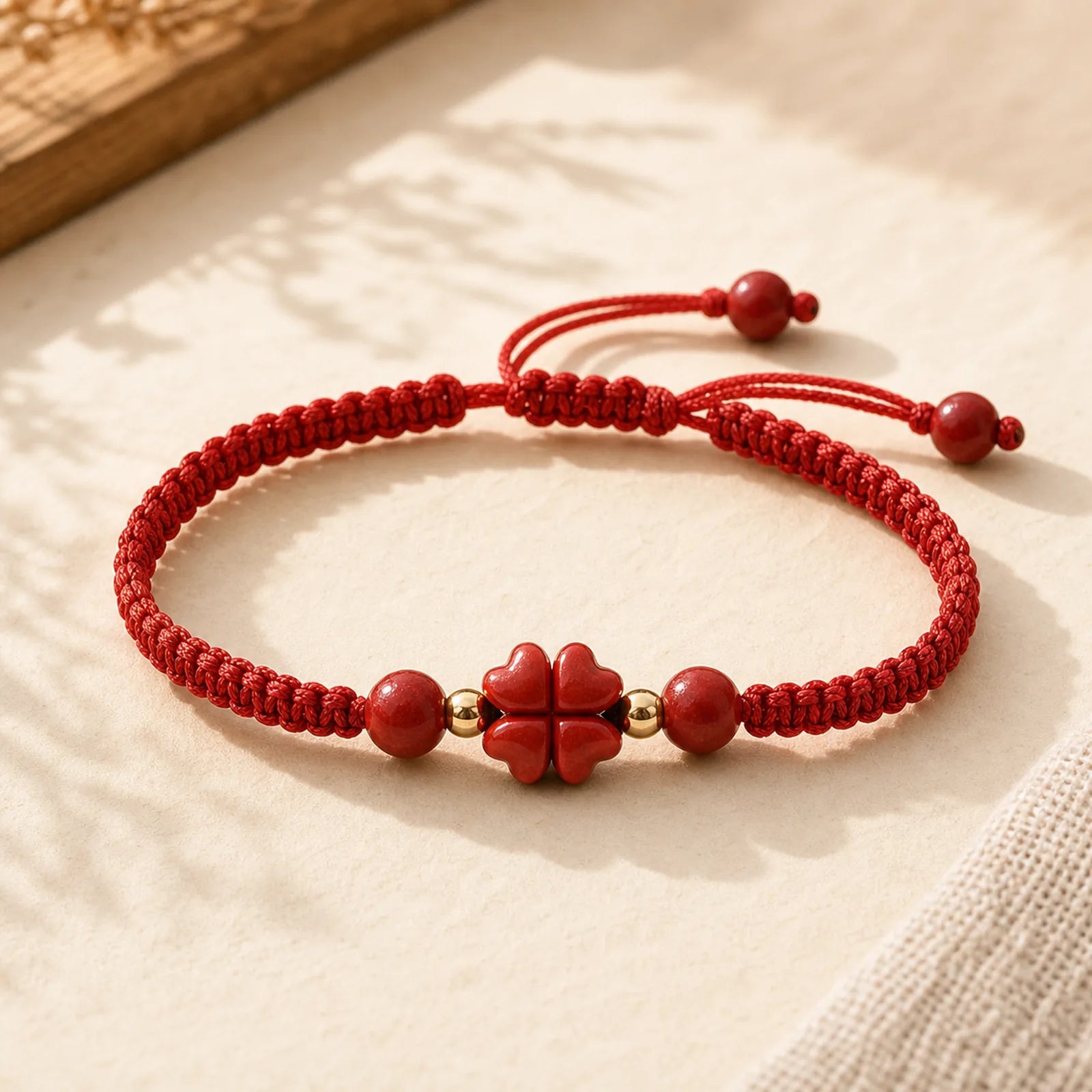 Four Leaf Clover Five-petal Flower Cinnabar Blessing Red String Bracelet featuring Cinnabar, Red String
