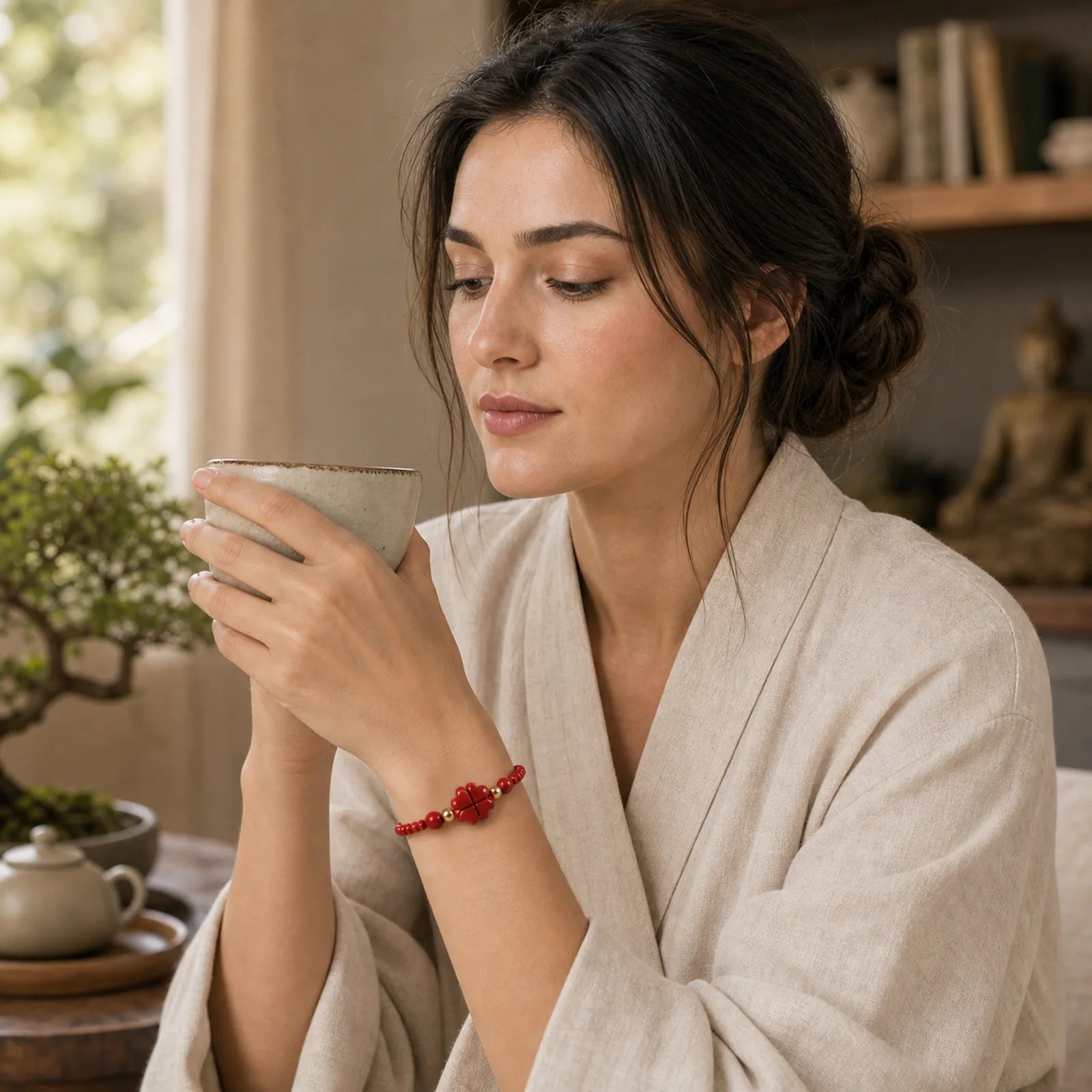 Four Leaf Clover Five-petal Flower Cinnabar Blessing Red String Bracelet featuring Cinnabar, Red String
