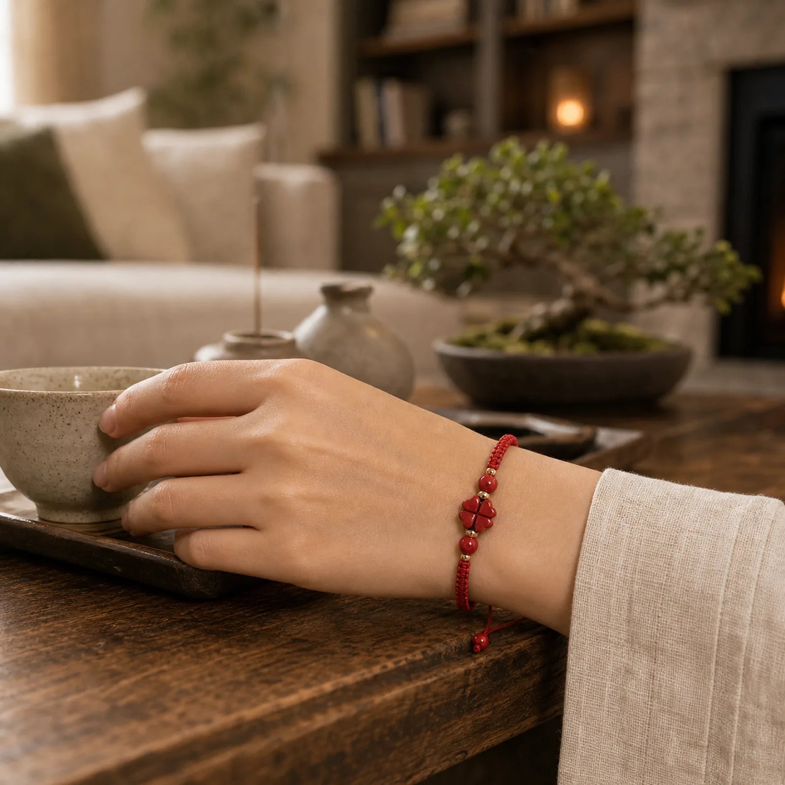 Four Leaf Clover Five-petal Flower Cinnabar Blessing Red String Bracelet featuring Cinnabar, Red String