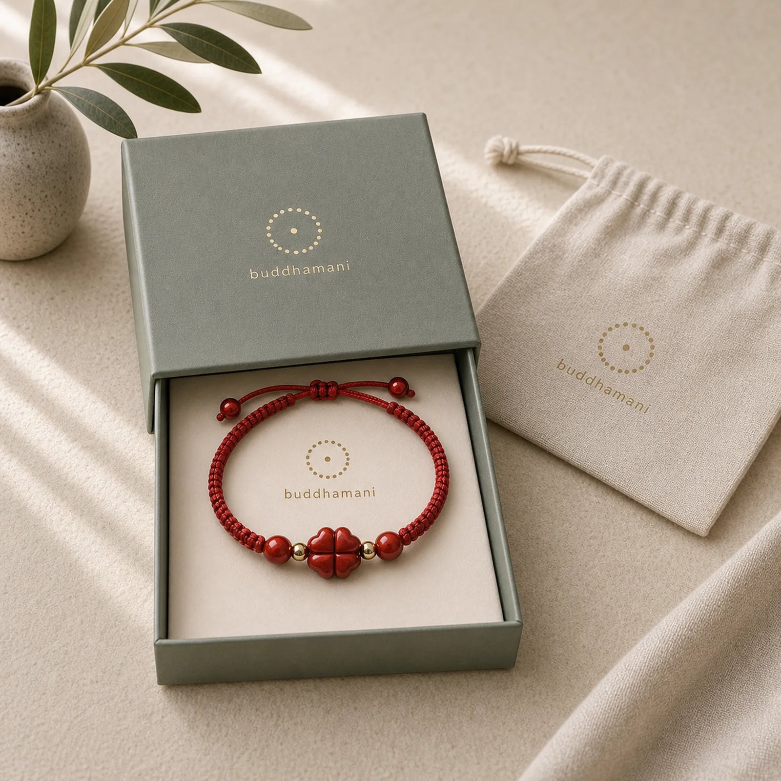 Four Leaf Clover Five-petal Flower Cinnabar Blessing Red String Bracelet featuring Cinnabar, Red String
