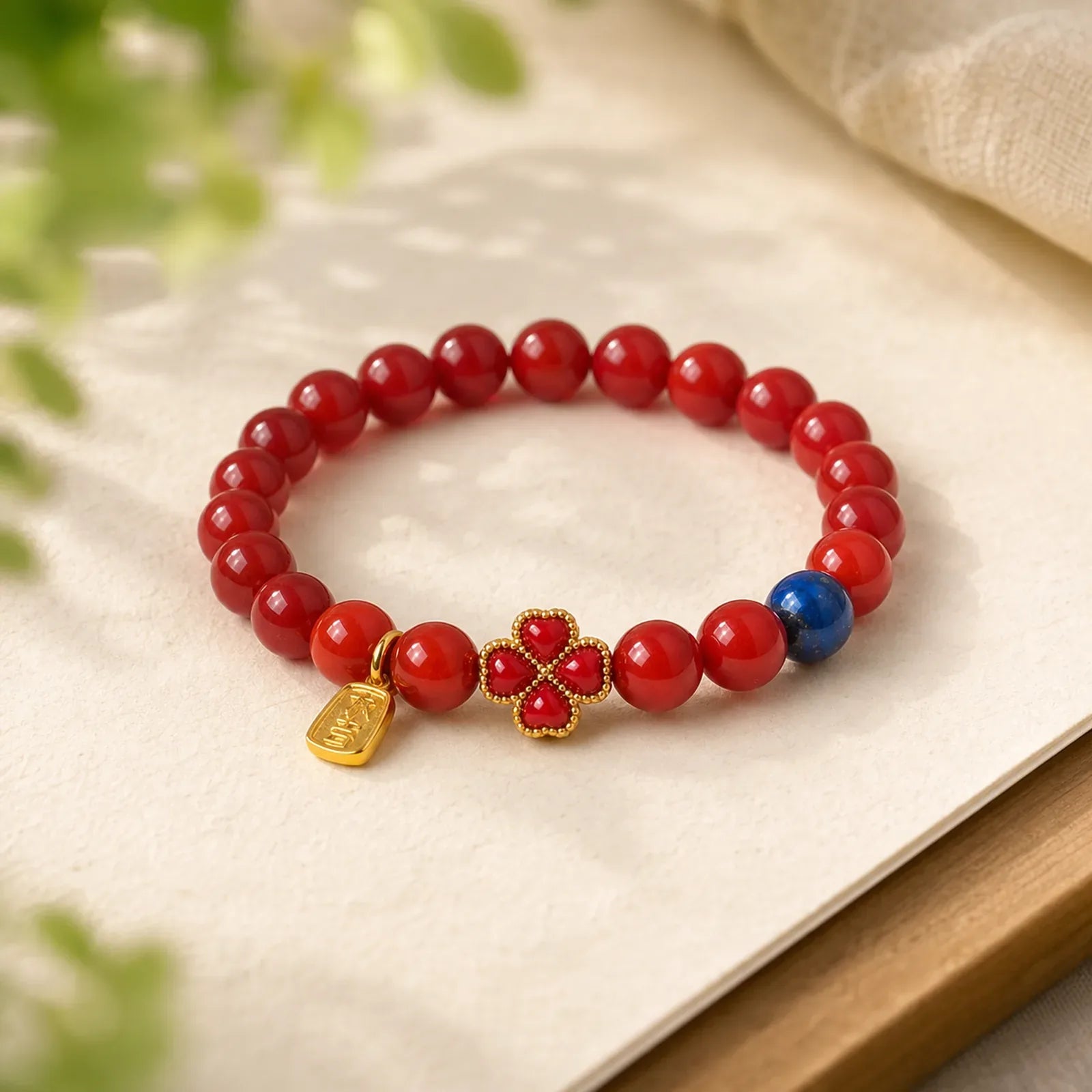 Four Leaf Clover Flower Gourd South Red Agate White Agate Positive Beaded Bracelet featuring South Red Agate, Red Agate, White Agate