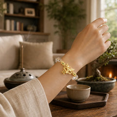 Fox Cross Charm White Crystal Beaded Protection Bracelet featuring Clear Quartz / White Crystal, Copper