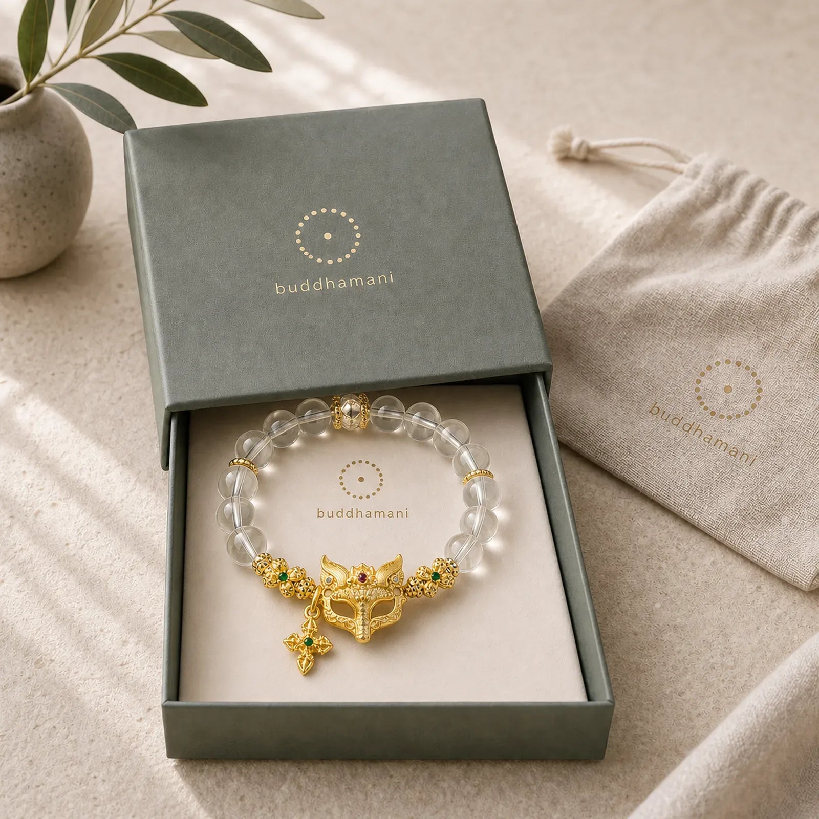 Fox Cross Charm White Crystal Beaded Protection Bracelet featuring Clear Quartz / White Crystal, Copper