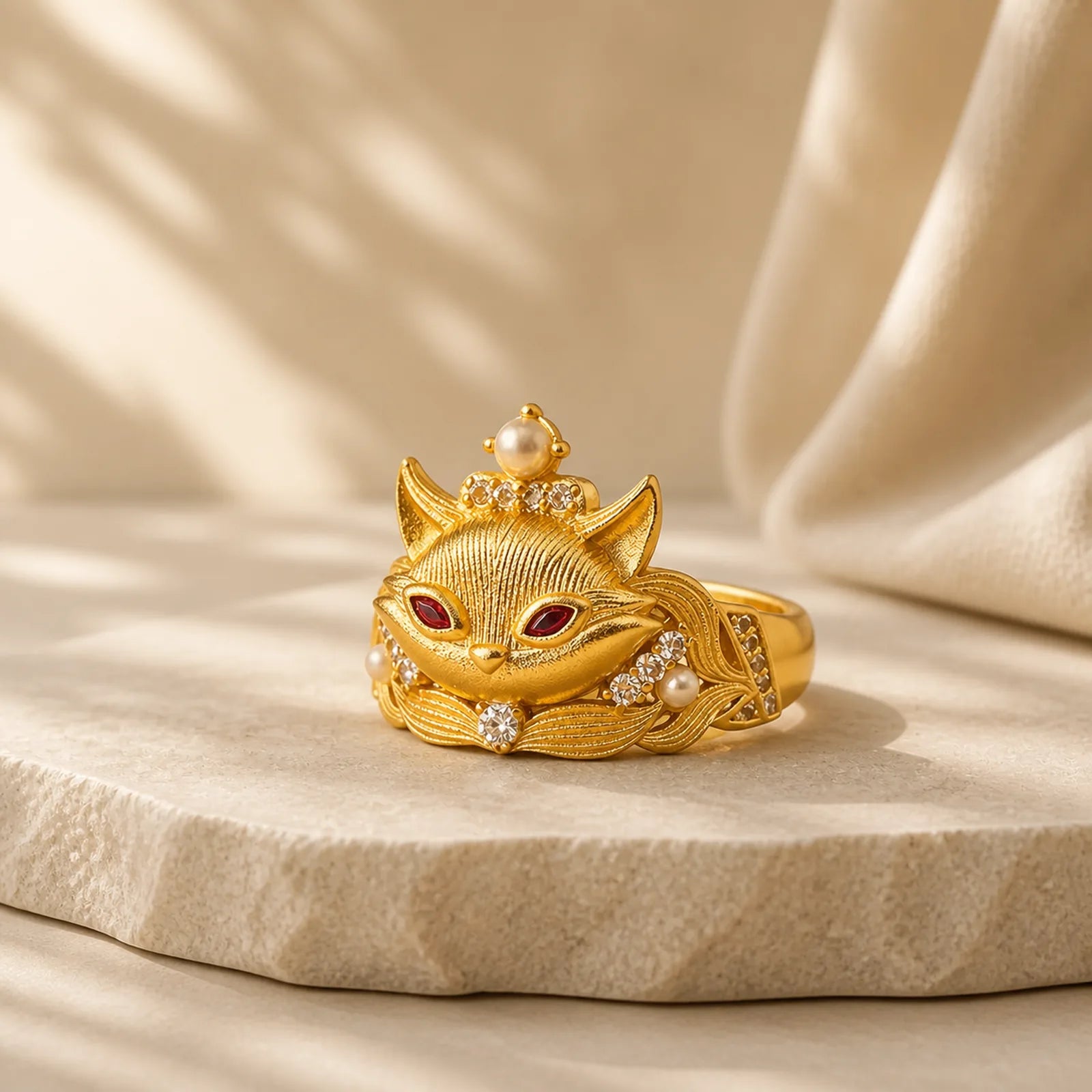 Fox Head Design 24k Gold Plated Brass Adjustable Ring featuring Copper