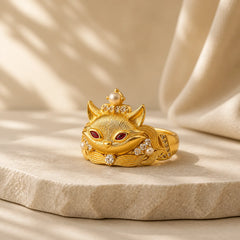 Fox Head Design 24k Gold Plated Brass Adjustable Ring featuring Copper