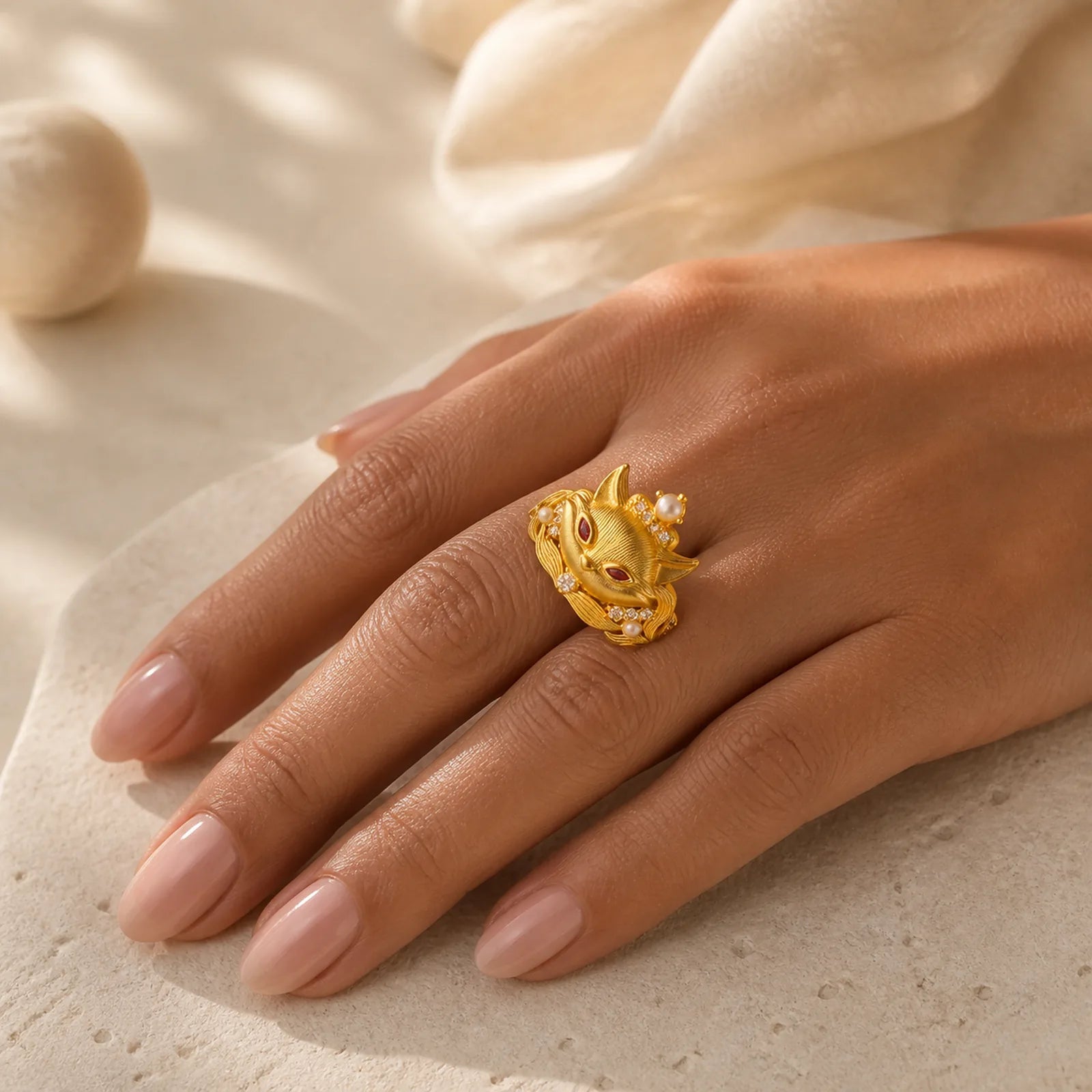 Fox Head Design 24k Gold Plated Brass Adjustable Ring featuring Copper