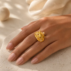 Fox Head Design 24k Gold Plated Brass Adjustable Ring featuring Copper