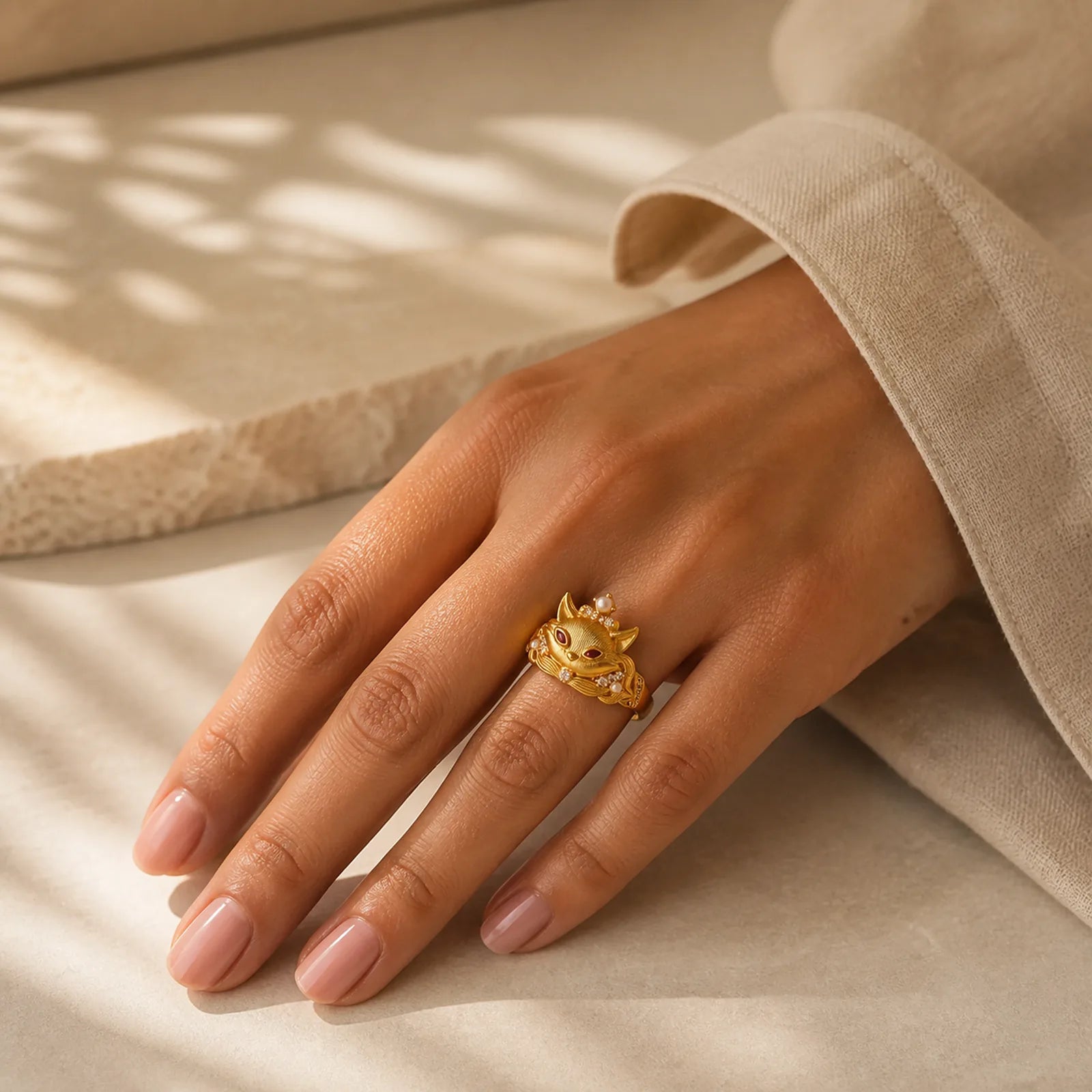 Fox Head Design 24k Gold Plated Brass Adjustable Ring featuring Copper