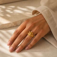 Fox Head Design 24k Gold Plated Brass Adjustable Ring featuring Copper