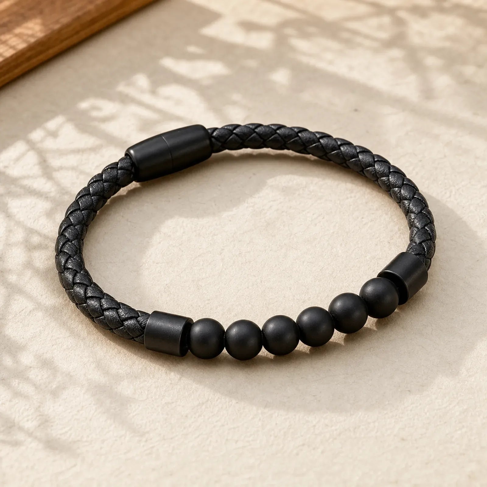 Frosted Stone Lava Rock Tiger Eye Titanium Steel Stimulation Leather Bracelet featuring Frosted Stone, Lava Rock, Tiger Eye