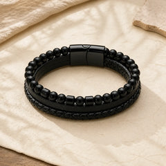 Frosted Stone Multi-layer Leather Titanium Steel Balance Buckle Bracelet featuring Frosted Stone, Titanium Steel