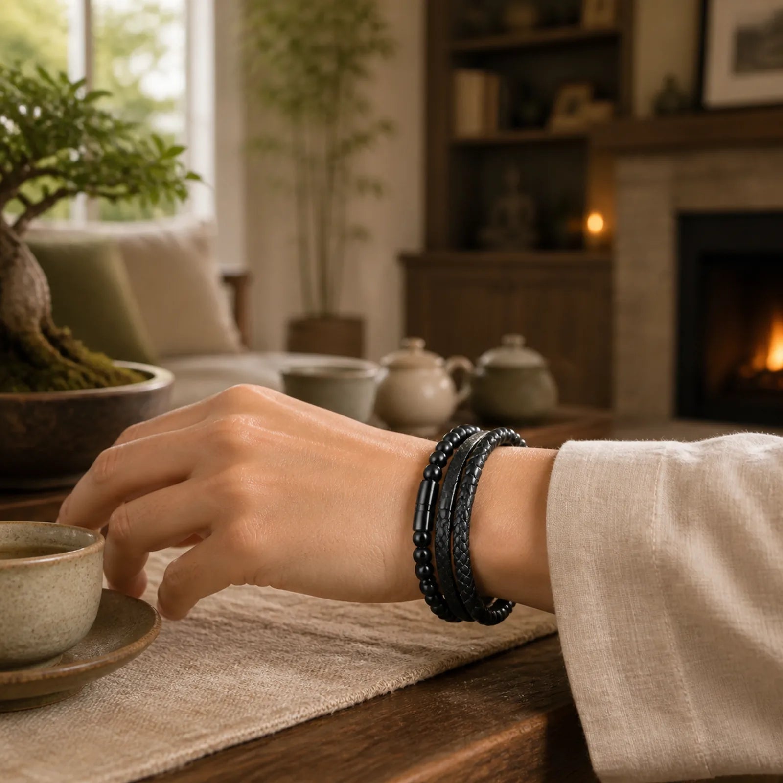 Frosted Stone Multi-layer Leather Titanium Steel Balance Buckle Bracelet featuring Frosted Stone, Titanium Steel