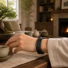 Frosted Stone Multi-layer Leather Titanium Steel Balance Buckle Bracelet featuring Frosted Stone, Titanium Steel