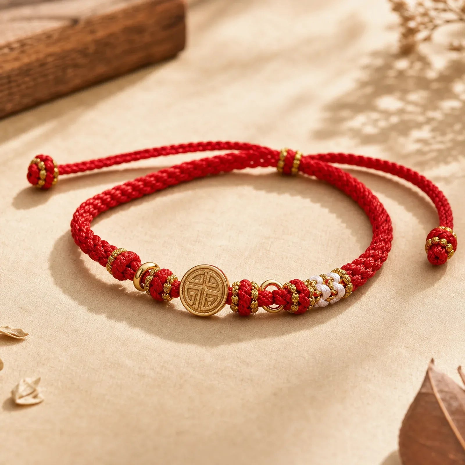 Fu Character Copper Coins Red String Blessing Bracelet featuring Fu Character, Copper, Red String