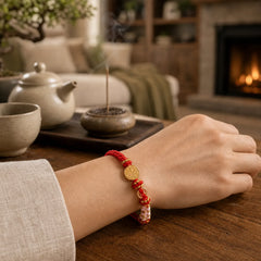 Fu Character Copper Coins Red String Blessing Bracelet featuring Fu Character, Copper, Red String