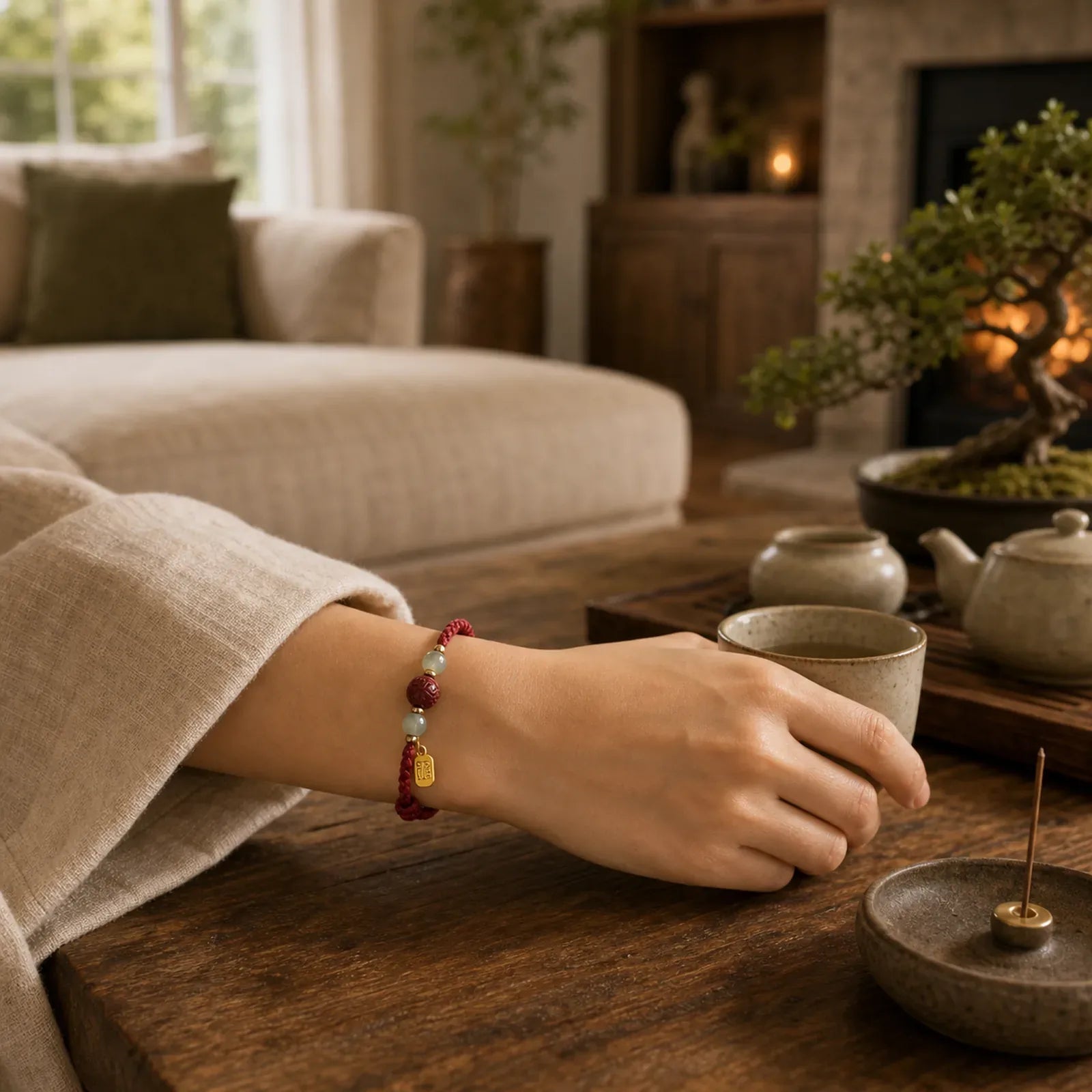 Fu Character Hetian Jade Bead Om Mani Padme Hum Cinnabar Red String Prosperity Bracelet featuring Fu Character, Jade, Om Mani Padme Hum