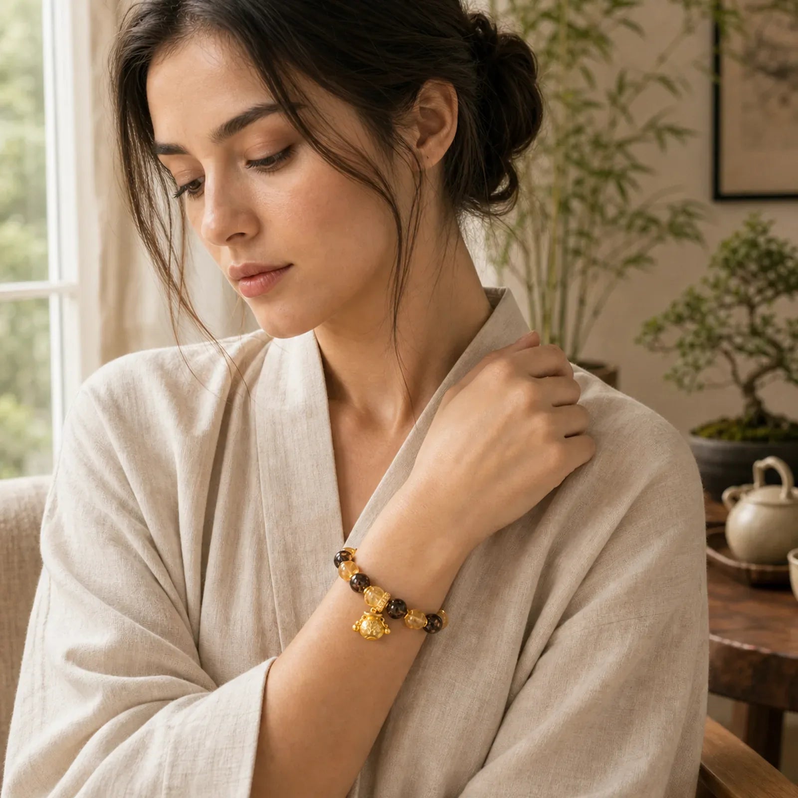 Fu Character Liuli Glass Blessings Bracelet featuring Fu Character, Five Elements