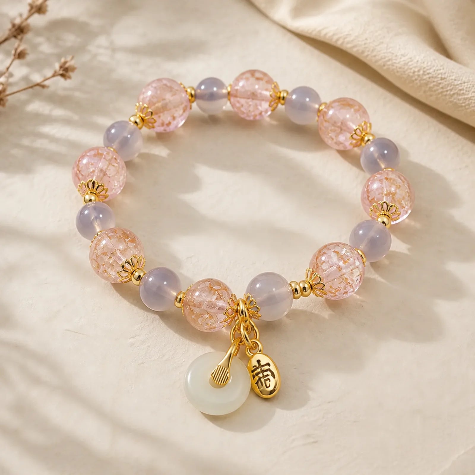 Fu Character Peace Buckle Liuli Candy Agate Healing Bracelet featuring Fu Character, Peace Buckle, Candy Agate