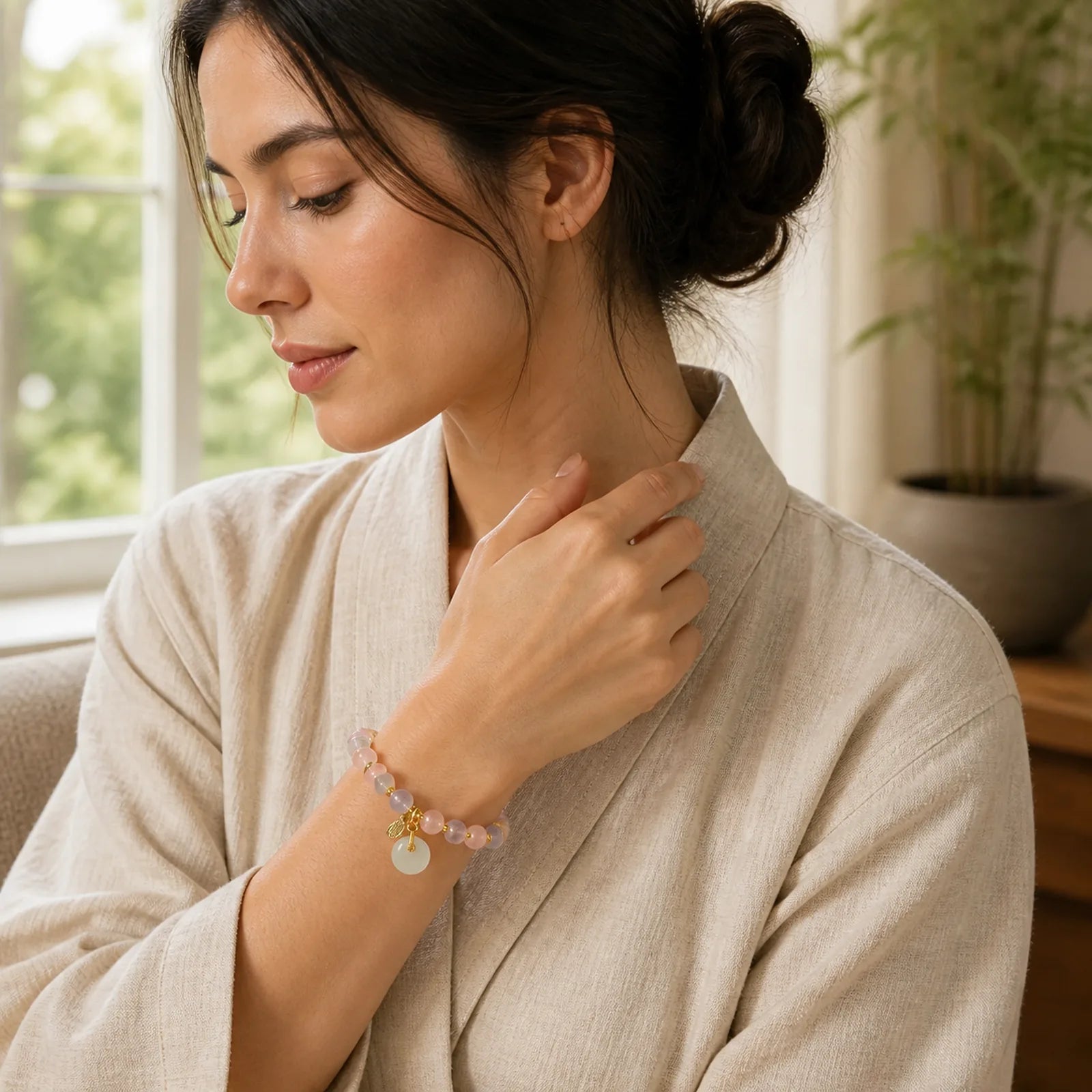 Fu Character Peace Buckle Liuli Candy Agate Healing Bracelet featuring Fu Character, Peace Buckle, Candy Agate