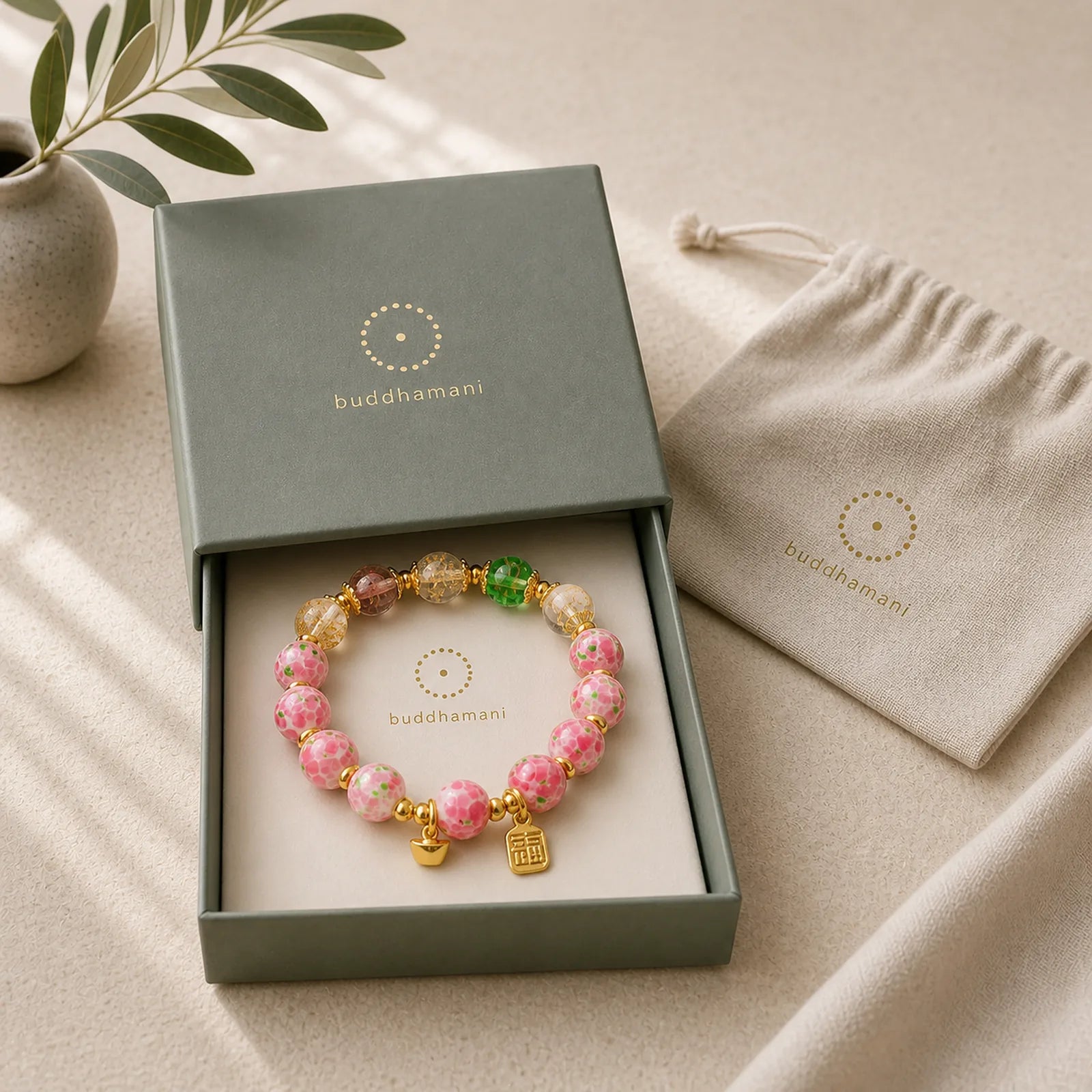 Fu Character Pink Liuli Luck Bracelet featuring Fu Character, Five Elements