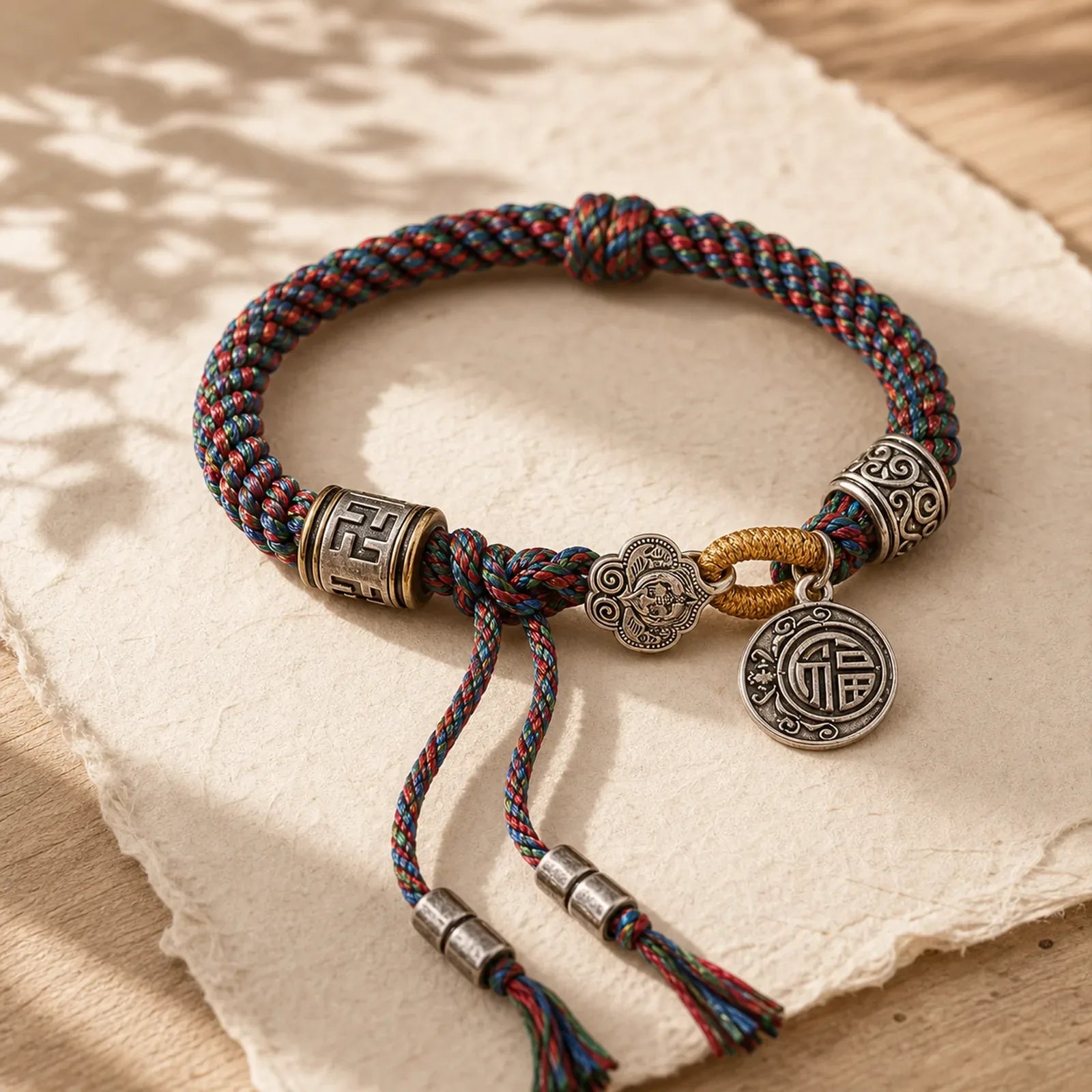 Fu Character Swastika Om Mani Padme Hum Braided Rope Luck Bracelet featuring Fu Character, Om Mani Padme Hum, Om