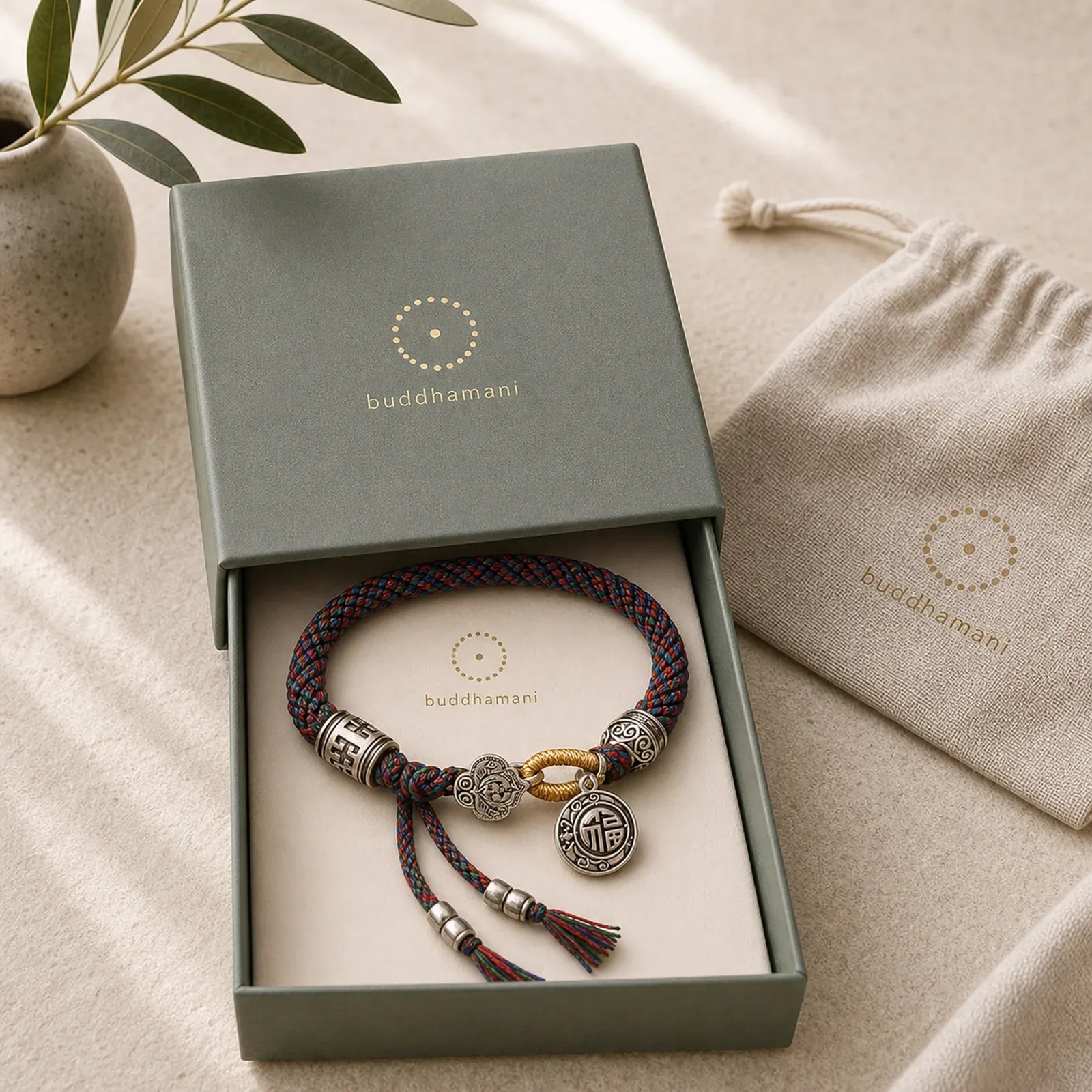 Fu Character Swastika Om Mani Padme Hum Braided Rope Luck Bracelet featuring Fu Character, Om Mani Padme Hum, Om
