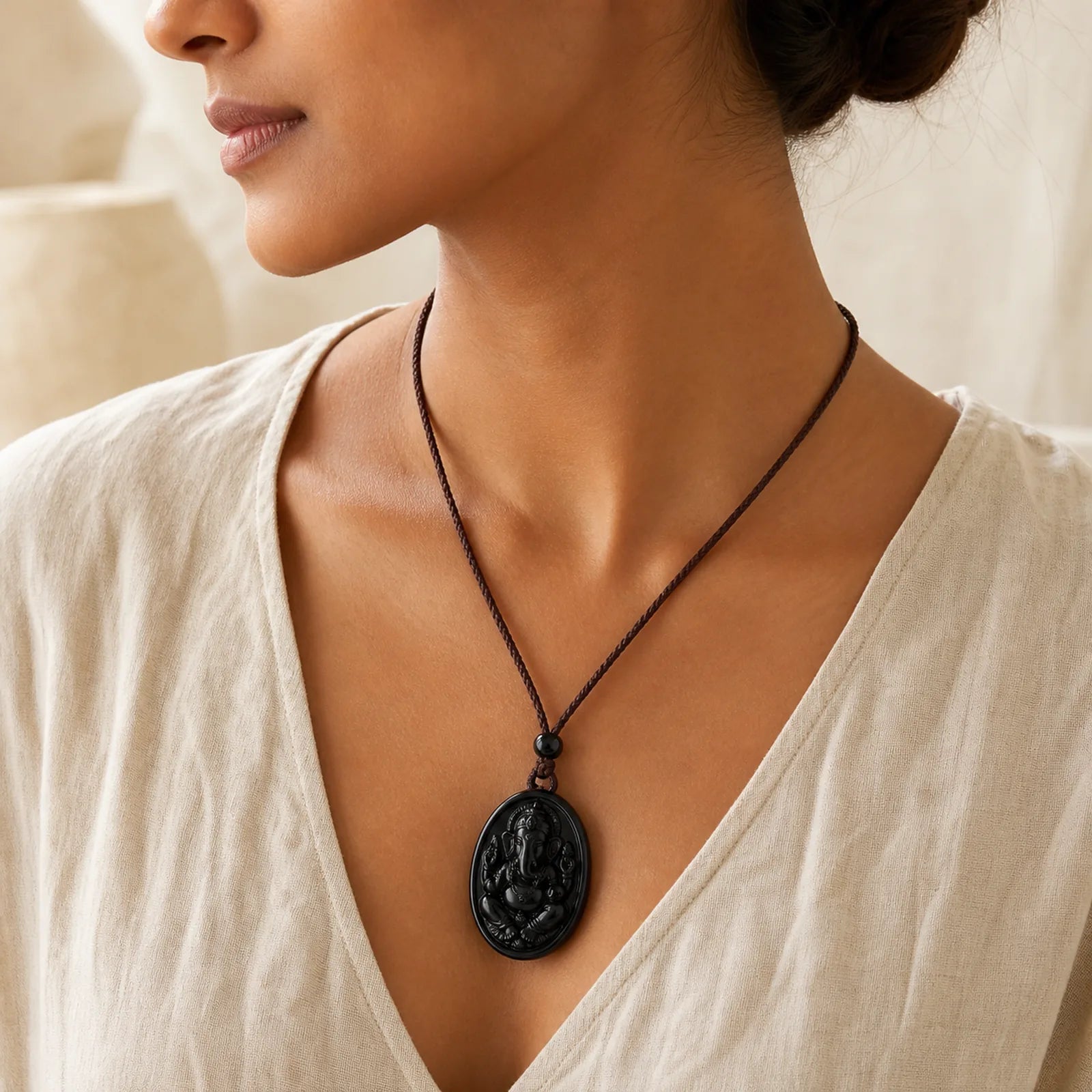 Ganesh Elephant Relief Design Natural Black Obsidian Strength Necklace Pendant featuring Black Obsidian, Om, Ganesh Symbol