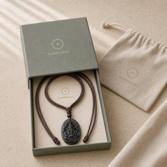 Ganesh Elephant Relief Design Natural Black Obsidian Strength Necklace Pendant featuring Black Obsidian, Om, Ganesh Symbol