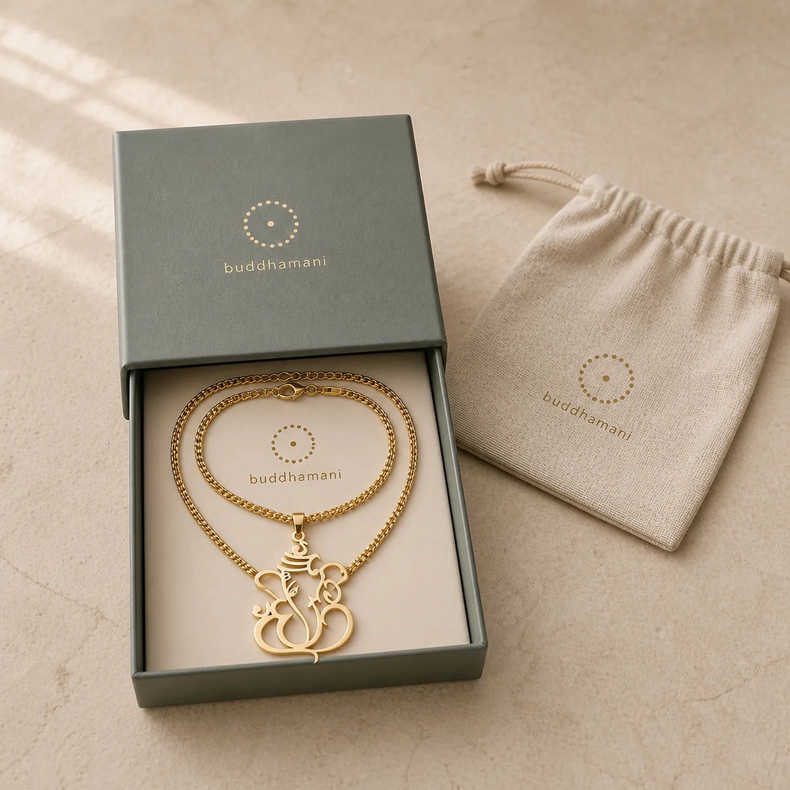 Ganesh Elephant Stainless Steel Protection Necklace Pendant featuring Om, Ganesh Symbol