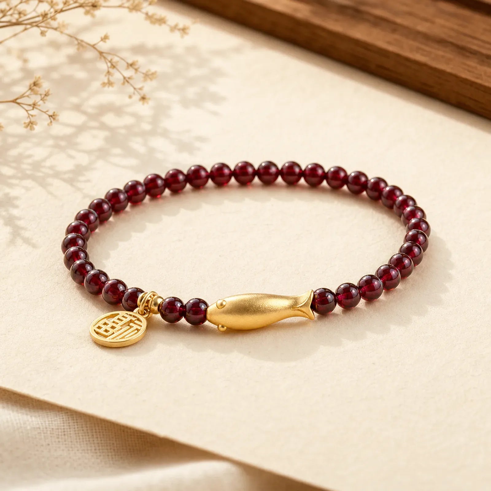 Garnet 925 Sterling Silver Fish Fu Character Purification Bracelet featuring Garnet, Silver, Fu Character