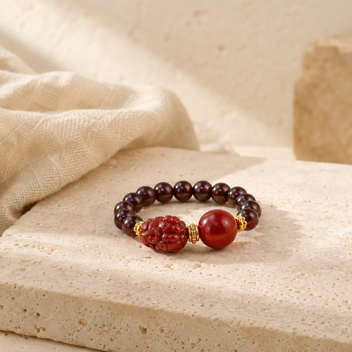 Garnet Cinnabar Lucky Bead PiXiu Om Mani Padme Hum Rose Protection Ring featuring Garnet, Cinnabar, Pixiu