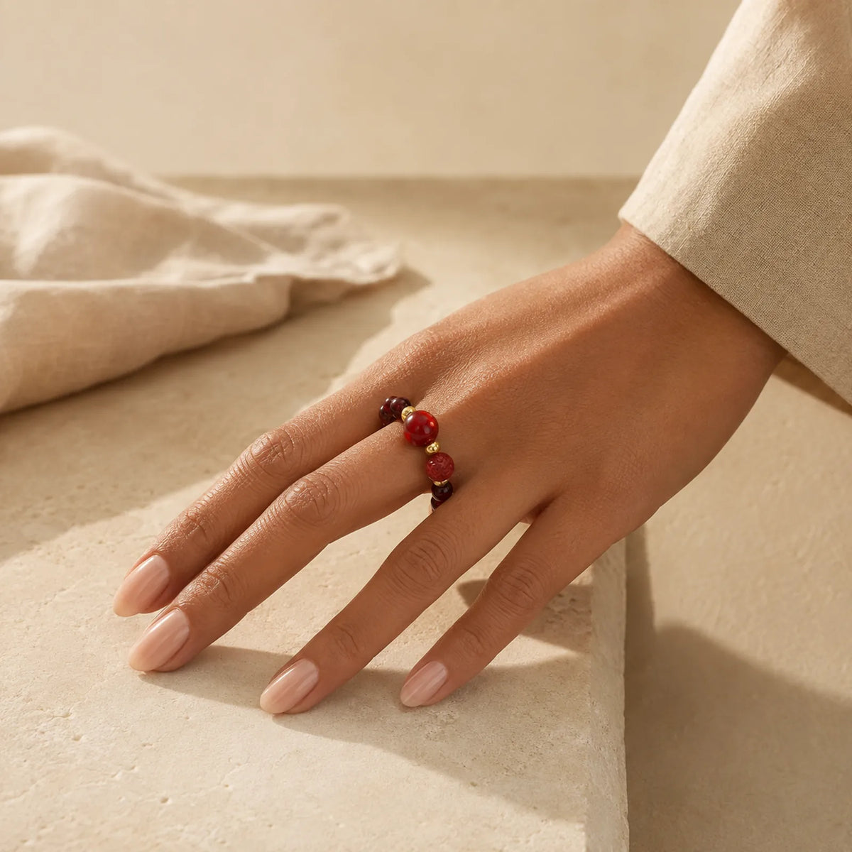 Garnet Cinnabar Lucky Bead PiXiu Om Mani Padme Hum Rose Protection Ring featuring Garnet, Cinnabar, Pixiu