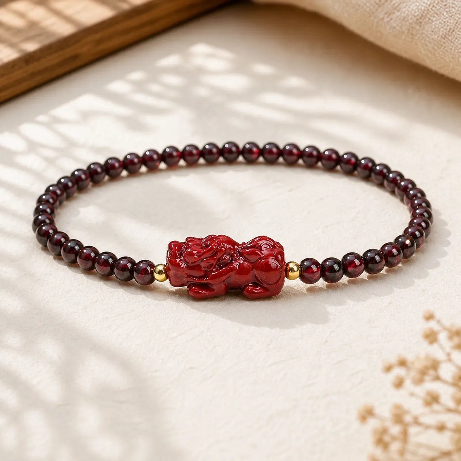 Garnet Cinnabar PiXiu Strawberry Quartz Square Bead Protection Bracelet featuring Garnet, Cinnabar, Pixiu