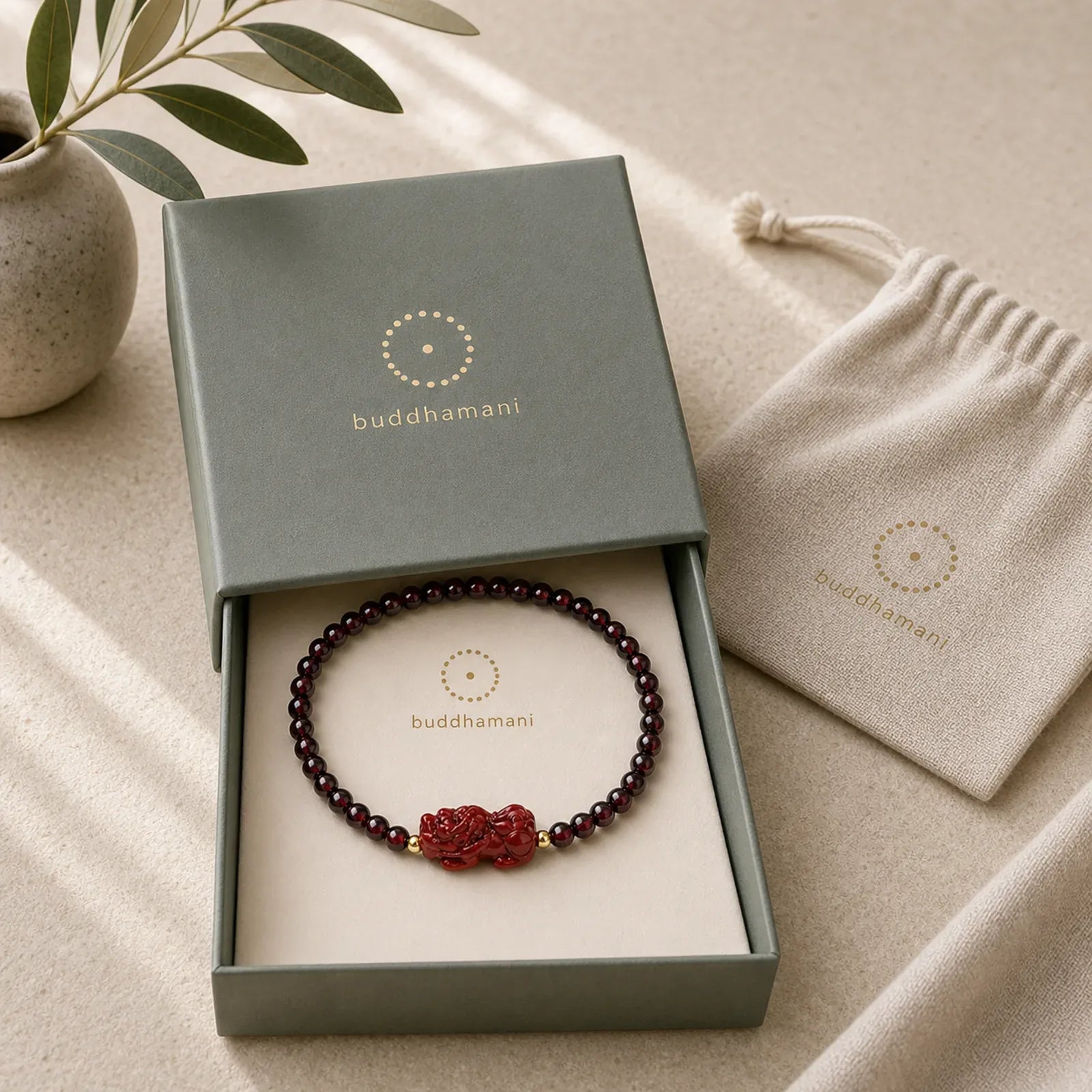 Garnet Cinnabar PiXiu Strawberry Quartz Square Bead Protection Bracelet featuring Garnet, Cinnabar, Pixiu