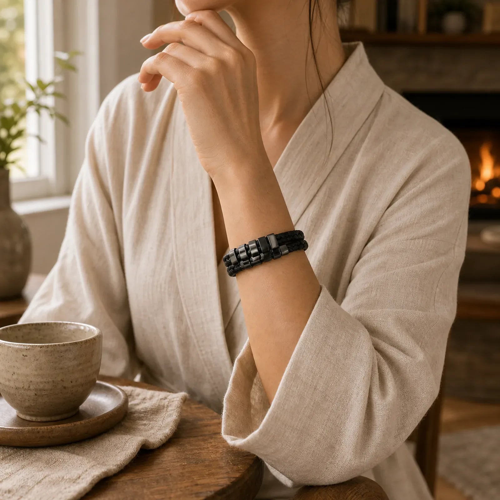 Geometric Design Titanium Steel Leather Strengthen Bracelet featuring Titanium Steel