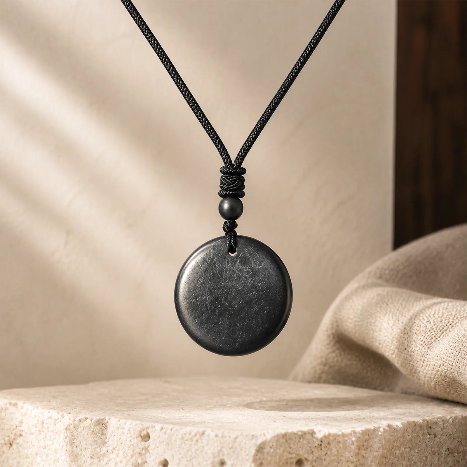 Geometric Round Authentic Shungite Stone Rope Inner Strength Necklace Pendant featuring Shungite Stone (Graphite Stone), Pyrite