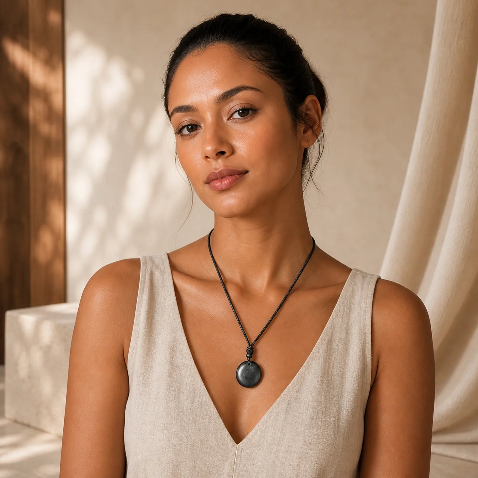 Geometric Round Authentic Shungite Stone Rope Inner Strength Necklace Pendant featuring Shungite Stone (Graphite Stone), Pyrite