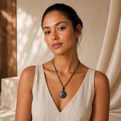 Geometric Round Authentic Shungite Stone Rope Inner Strength Necklace Pendant featuring Shungite Stone (Graphite Stone), Pyrite