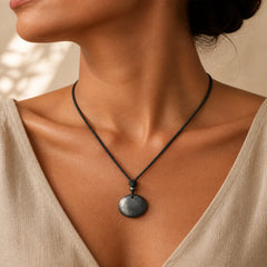 Geometric Round Authentic Shungite Stone Rope Inner Strength Necklace Pendant featuring Shungite Stone (Graphite Stone), Pyrite