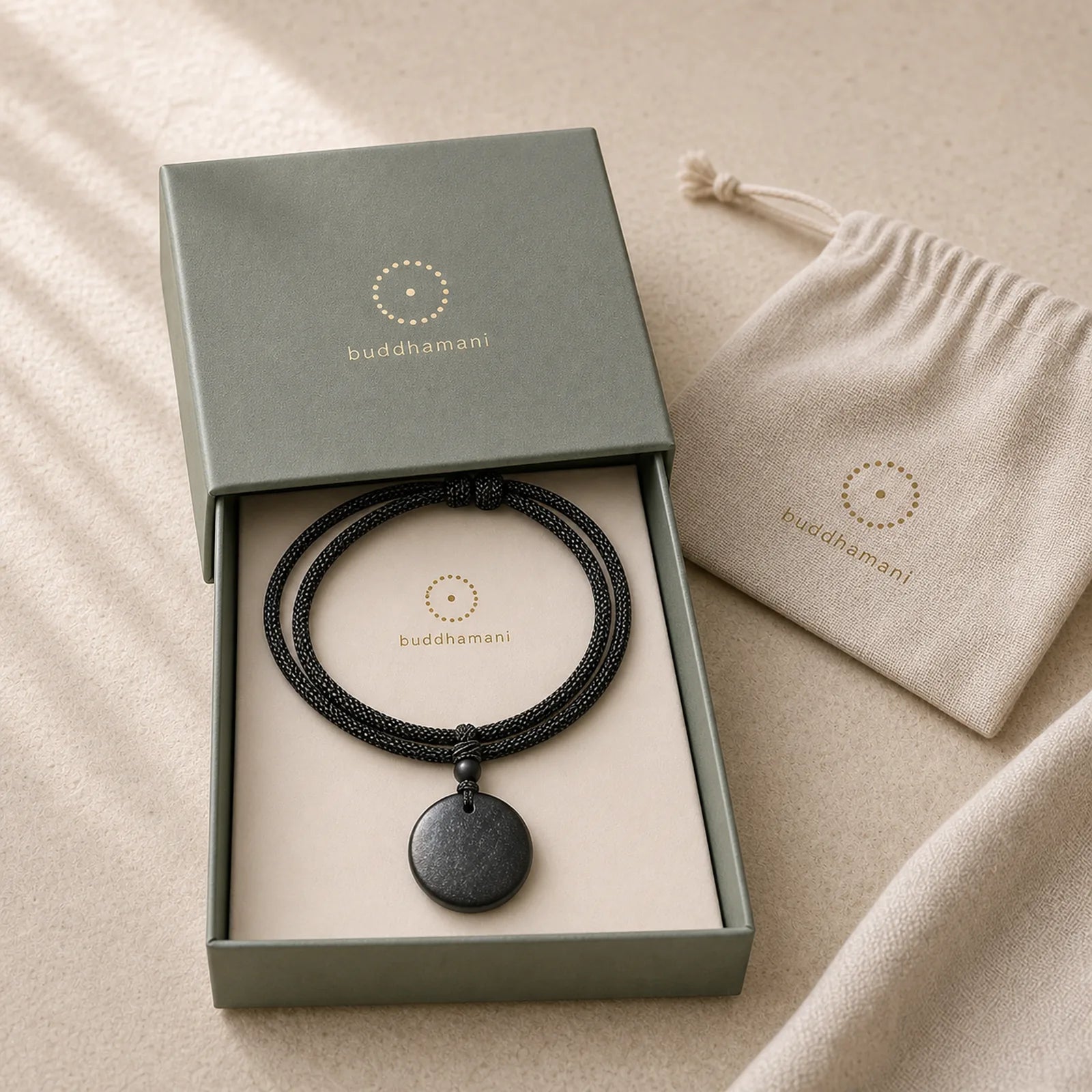 Geometric Round Authentic Shungite Stone Rope Inner Strength Necklace Pendant featuring Shungite Stone (Graphite Stone), Pyrite