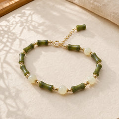 Glass Bead Bamboo Luck Strength Chain Bracelet featuring Bamboo
