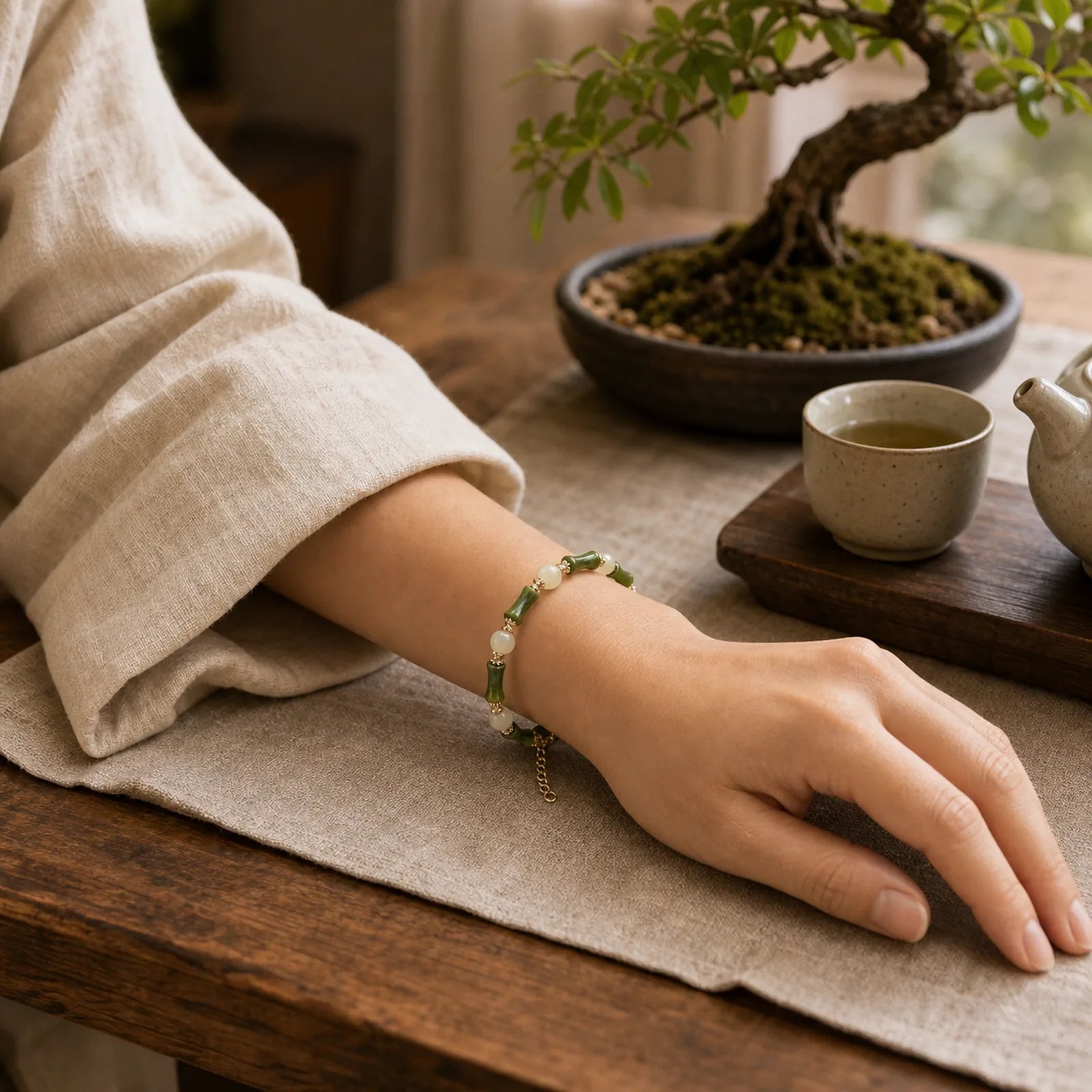 Glass Bead Bamboo Luck Strength Chain Bracelet featuring Bamboo