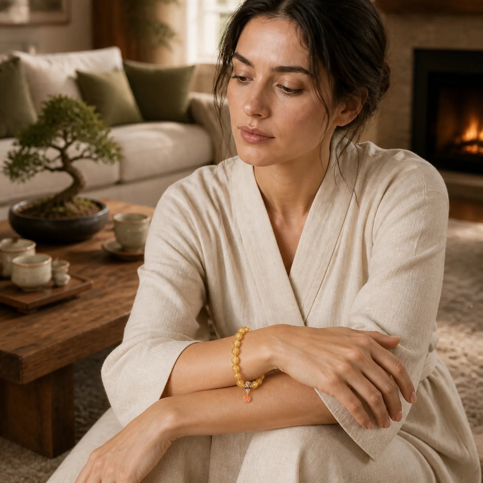 Gold Foil Liuli Glass Bead Ruyi Golden Ingot Fortune Bracelet featuring Five Elements, Copper