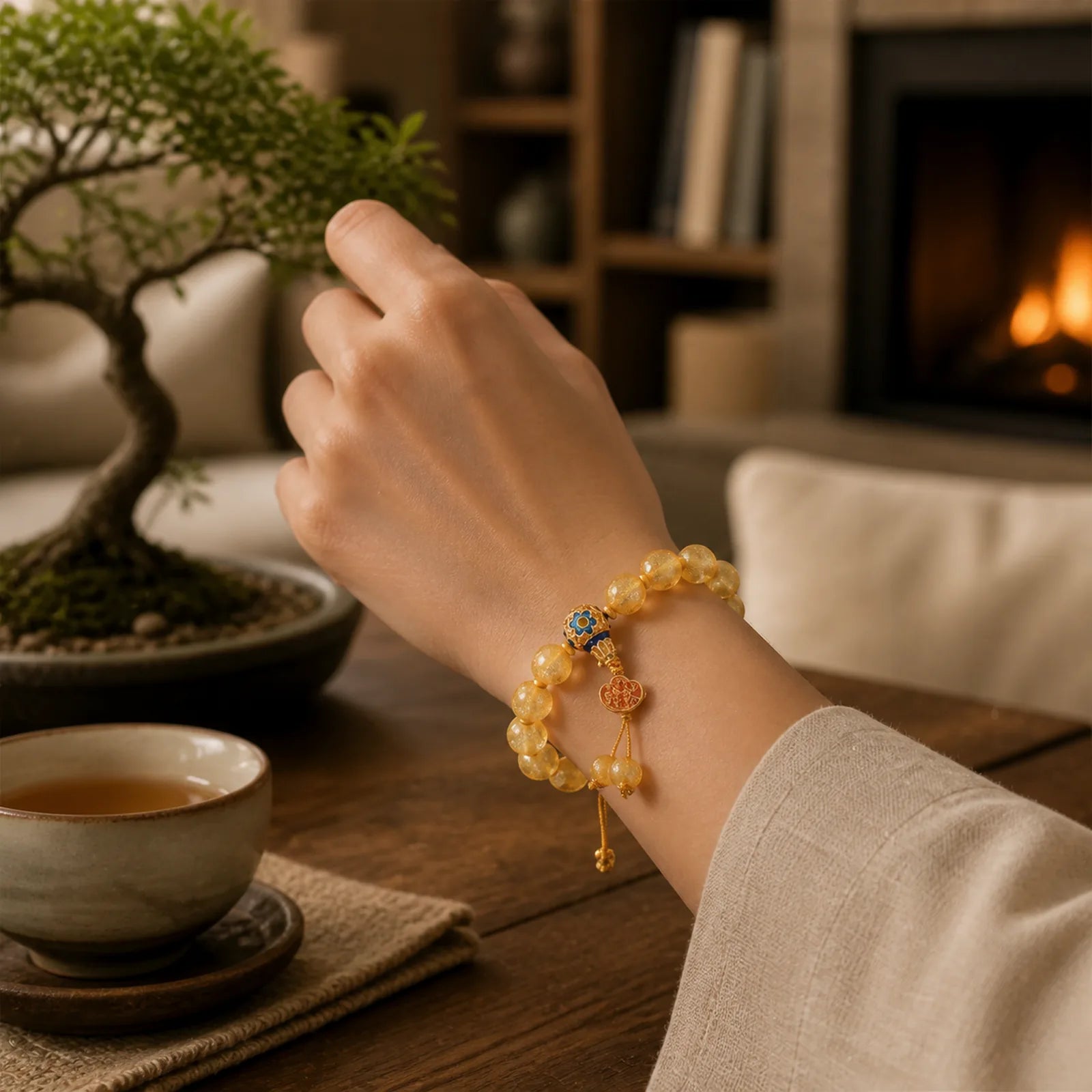 Gold Foil Liuli Glass Bead Ruyi Golden Ingot Fortune Bracelet featuring Five Elements, Copper